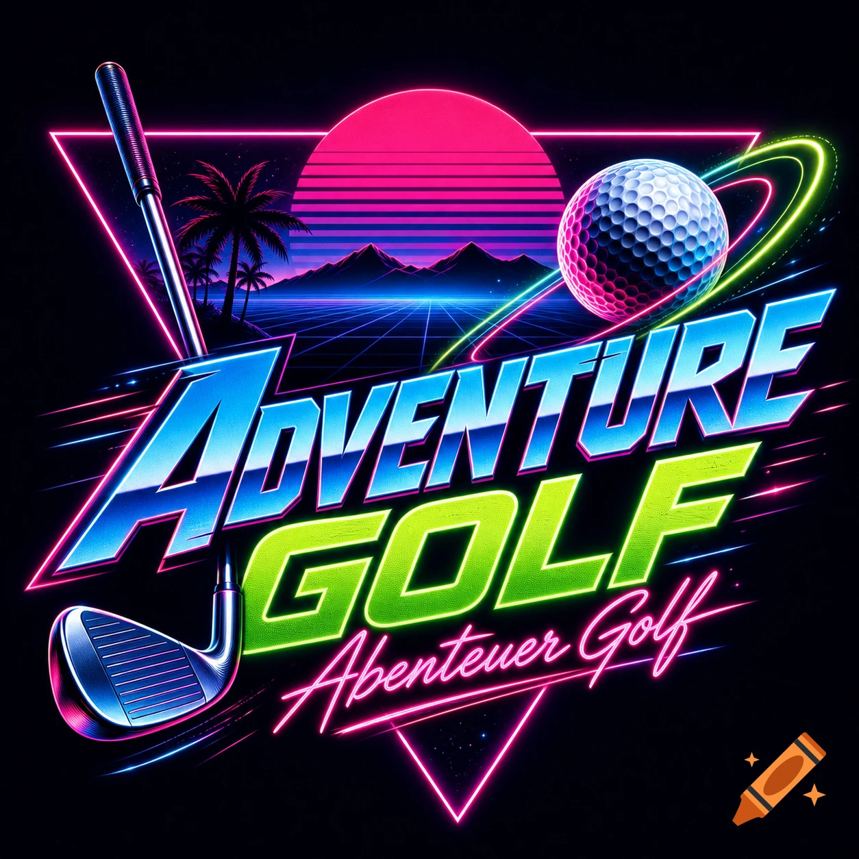 Neon retro logo for 'Adventure Golf' featuring a golf club, a glowing golf ball, mountains, and palm trees in an 80s synthwave style.