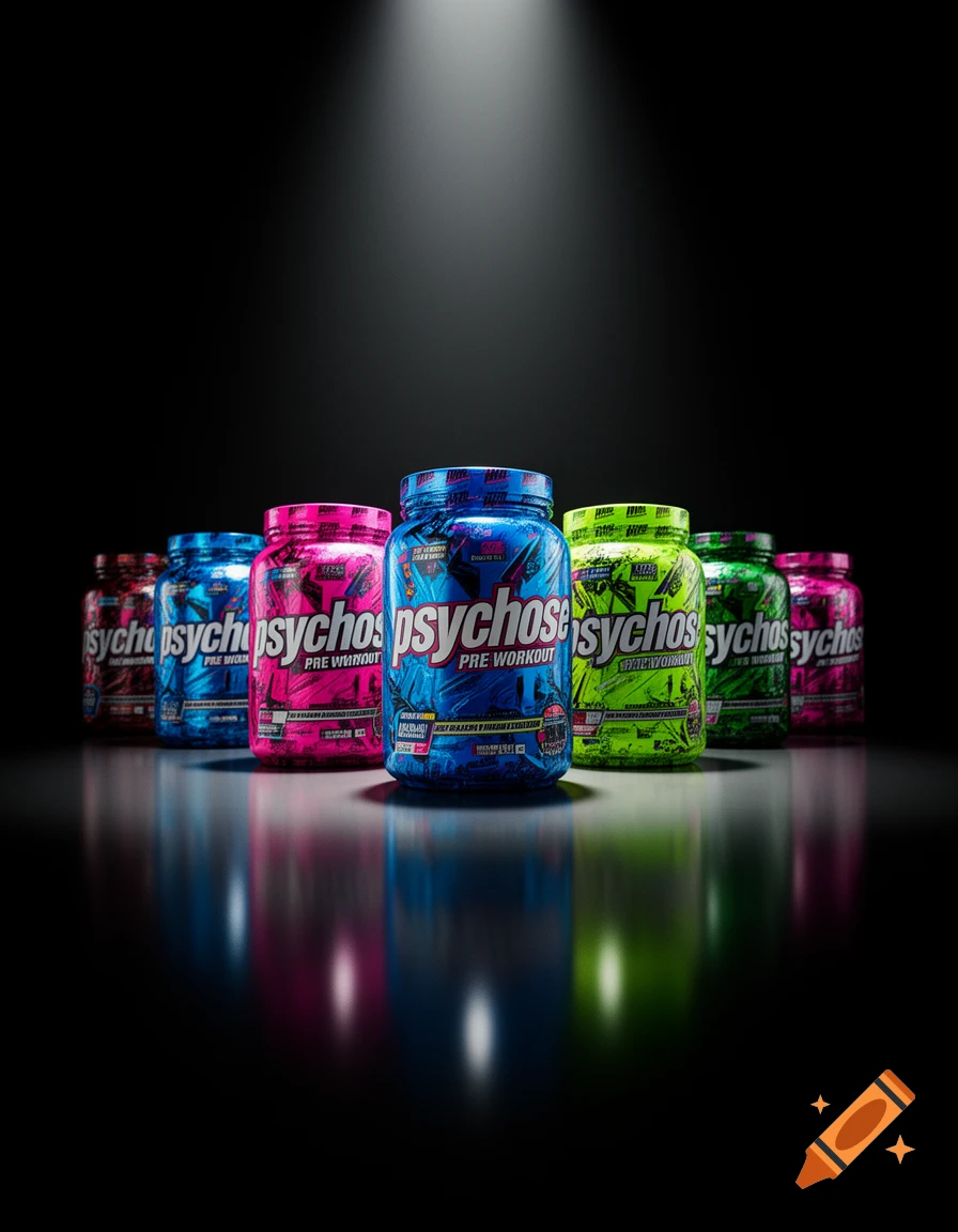 Several colorful jars of "PSYCHOSE PRE WORKOUT" supplements lined up on a dark, reflective surface with spotlighting.