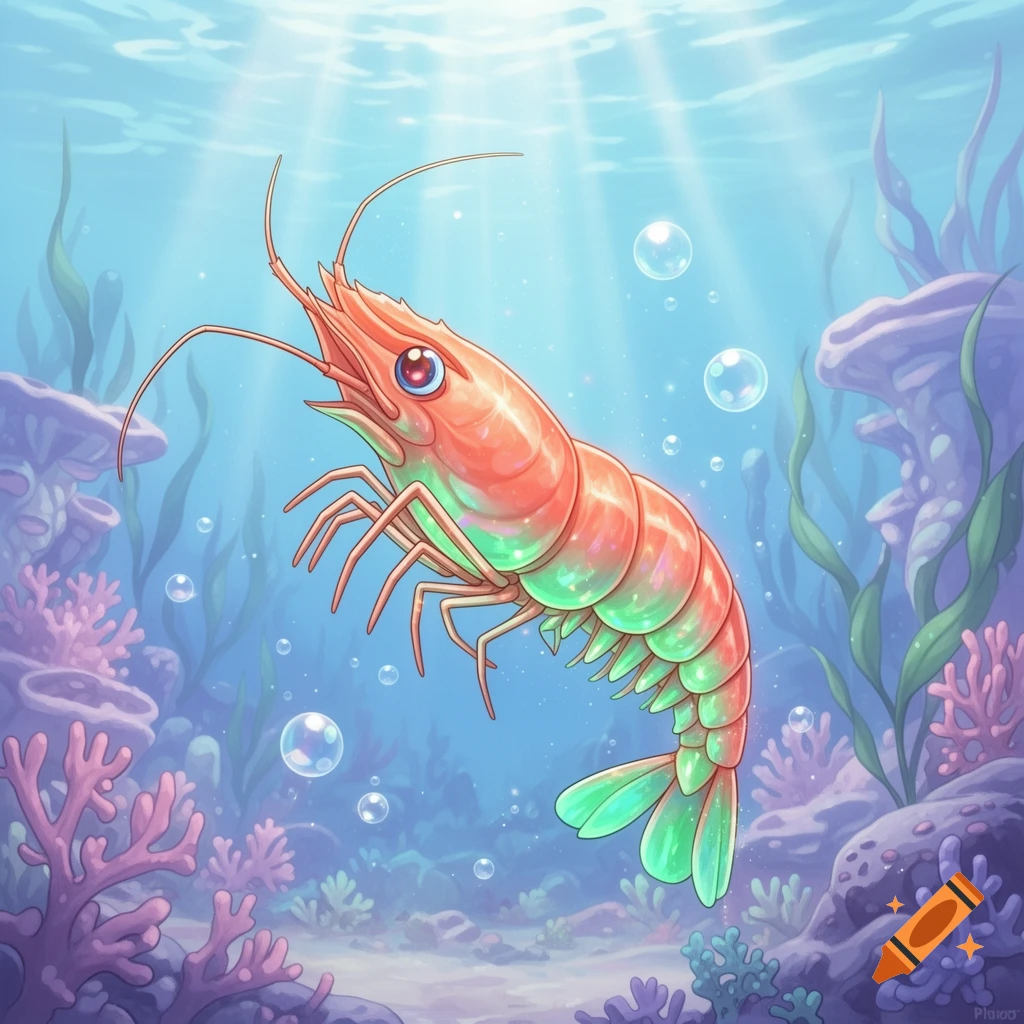 A vibrant, glowing cartoon shrimp with red, green, and blue colors floats underwater amidst coral and seaweed.