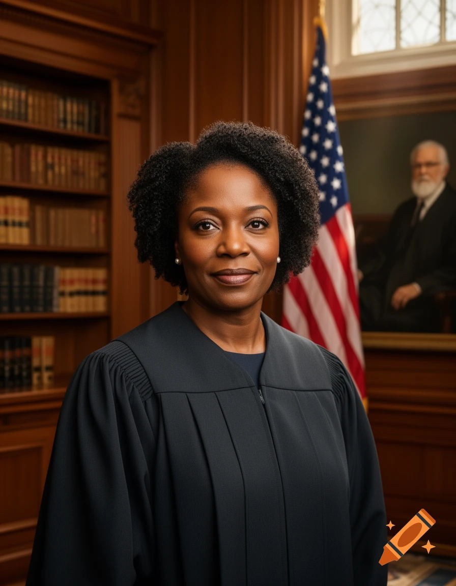 A smiling Black woman in a judge's robe stands in a wood-paneled office with a bookshelf, American flag, and portrait.