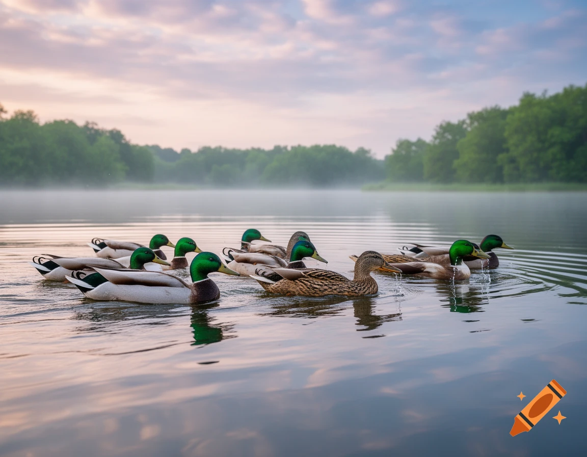 Several mallard ducks swim on a misty lake at dawn or dusk, with trees in the background.