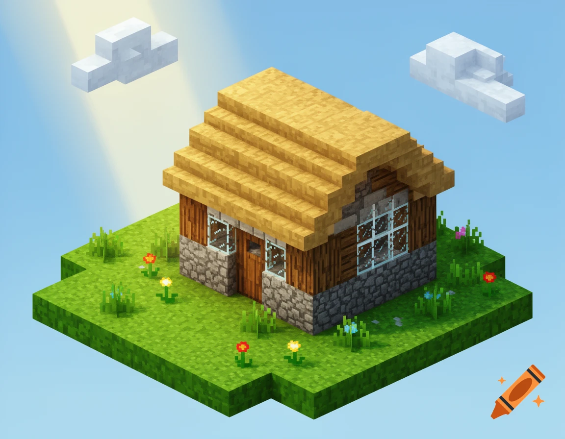 Isometric view of a blocky Minecraft-style house on a floating grass island with flowers, under a blue sky.