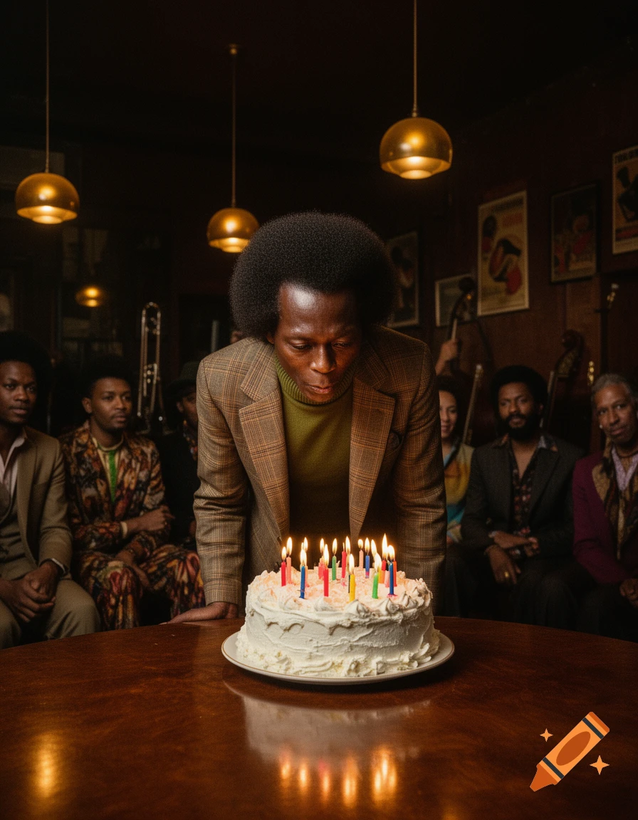 A man with an afro blows out candles on a birthday cake, surrounded by people in a dimly lit room.