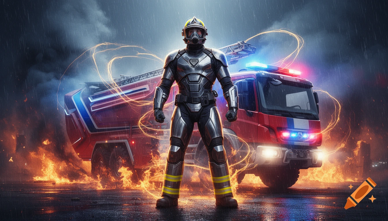 A futuristic armored firefighter stands before a fire truck, surrounded by flames and rain, in an epic cinematic style.