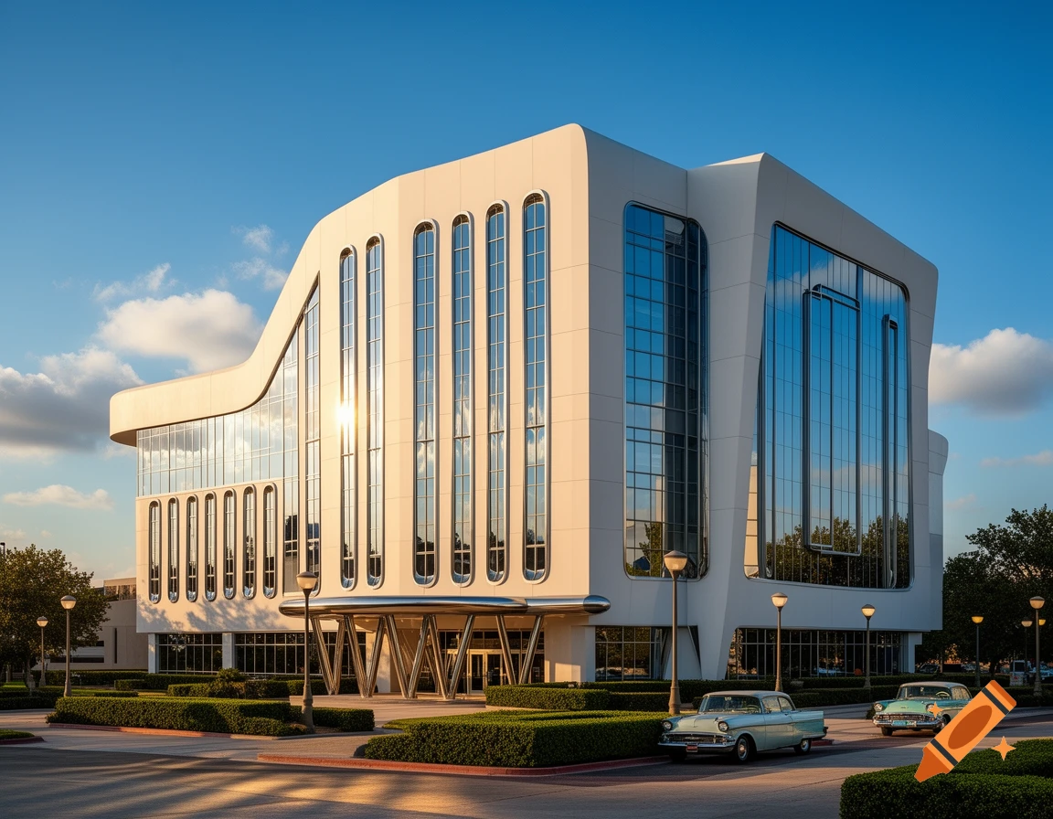 A cream-colored retrofuturistic office building with rounded edges, tall windows, and glass facades under a sunny blue sky, with two vintage cars parked in front.