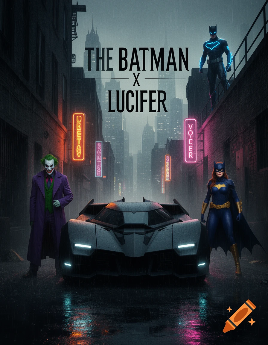 Joker, Batgirl, and a Batmobile stand in a rainy, dark city street with a glowing Batman-like figure on a rooftop. Neon signs and reflections illuminate the scene.