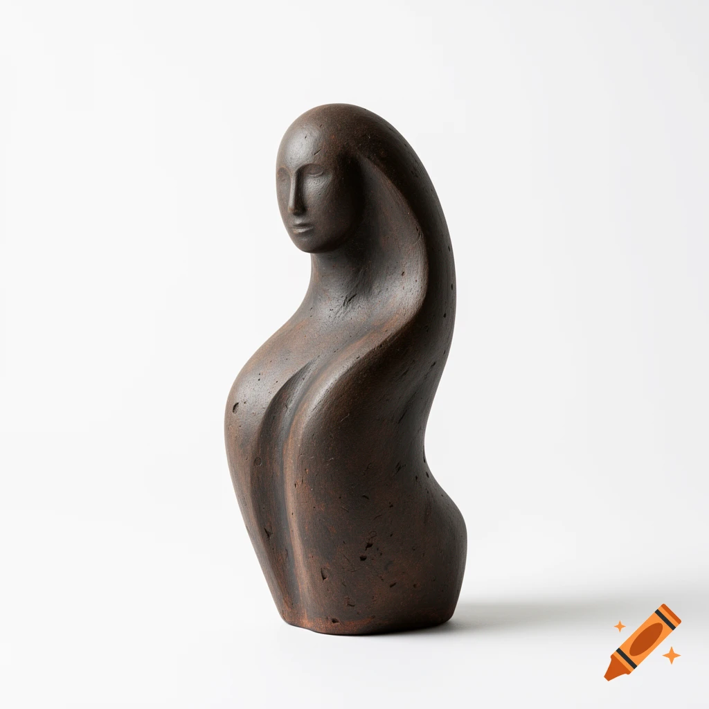 A modern minimalist abstract dark clay sculpture of a serene female figure with flowing forms on a white background.