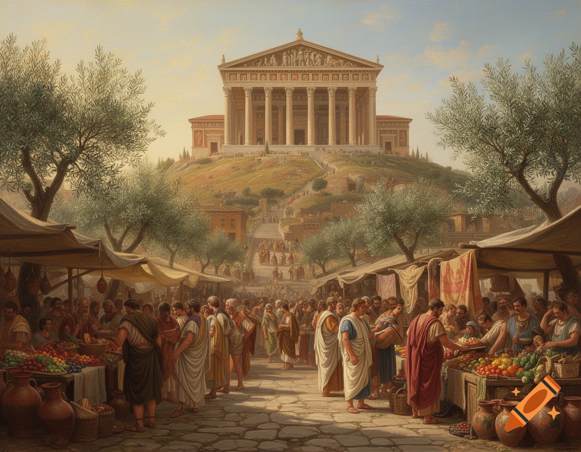 An oil painting of a bustling ancient Roman market with people, stalls, and a grand classical building on a hill in the background.