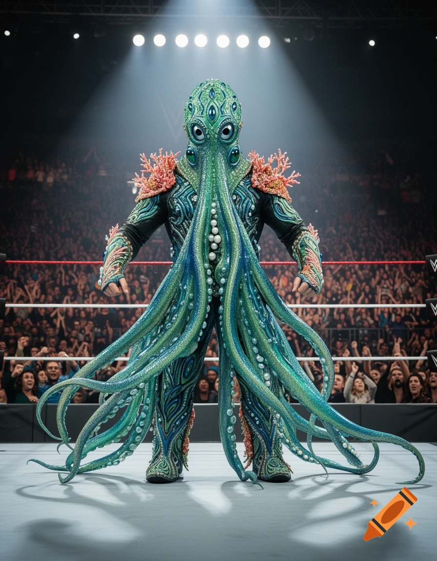 A person in an elaborate green and blue octopus costume with coral shoulders stands in a brightly lit wrestling ring before a cheering crowd.