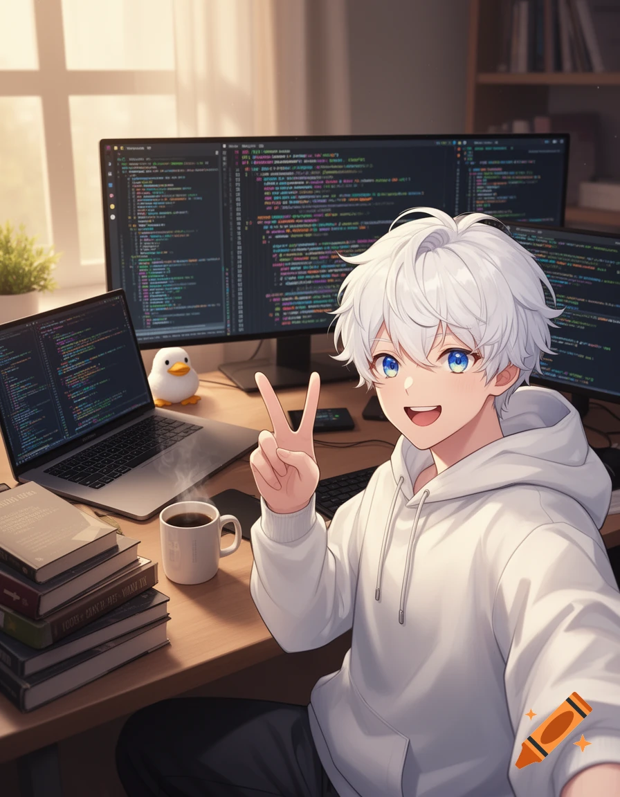 An anime character with white hair and blue eyes smiles and makes a peace sign at a desk with multiple monitors displaying code, a laptop, coffee, and books.