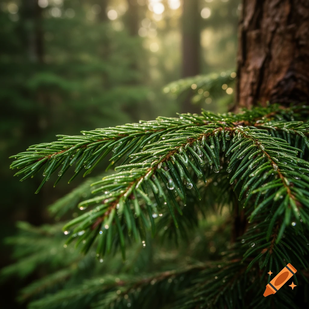 A close-up, photorealistic view of a green pine branch covered in glistening water droplets, with a blurred forest background.