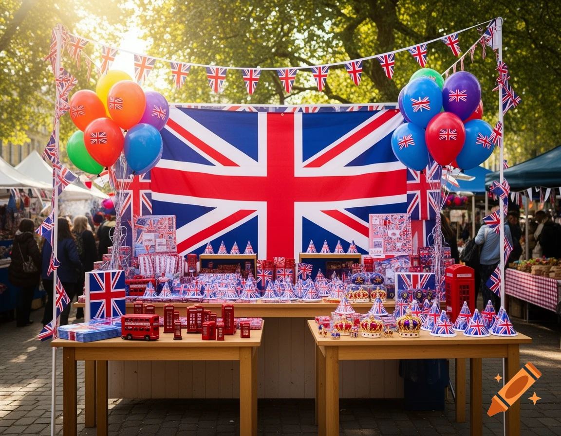 A vibrant outdoor market stall decorated with numerous Union Jack flags and balloons, selling British-themed souvenirs including miniature red phone booths, buses, and crowns under bright sunlight.