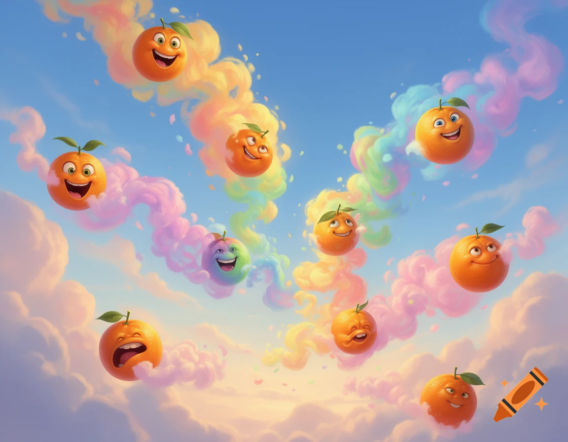 Cartoon oranges with various expressions float amidst pastel rainbow clouds in a blue sky.