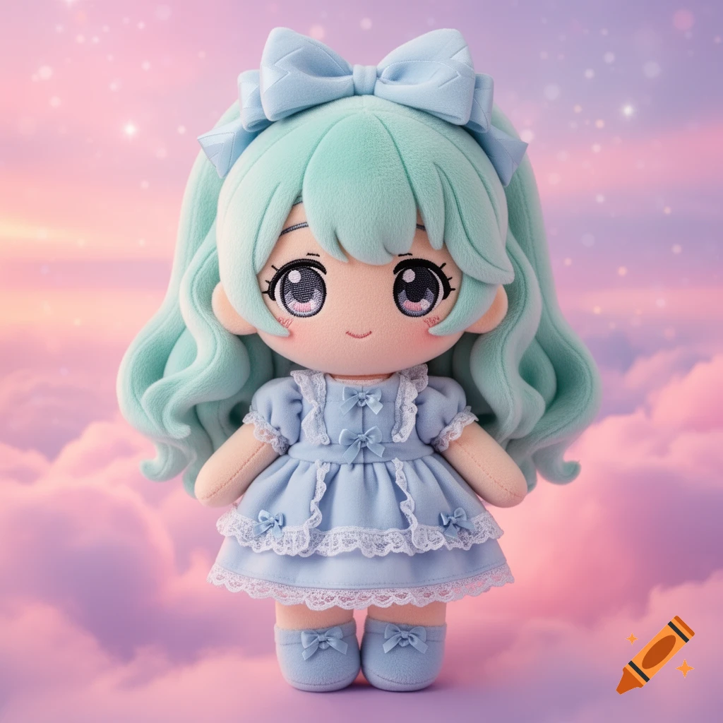 A cute anime-style plush doll with mint green hair, a light blue bow, and a blue dress, set against a pink and purple cloudy sky.