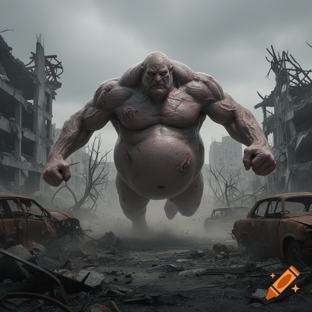 A massive, muscular, legless monster with a large belly and wounds floats aggressively over a destroyed, post-apocalyptic city with rubble and derelict cars.