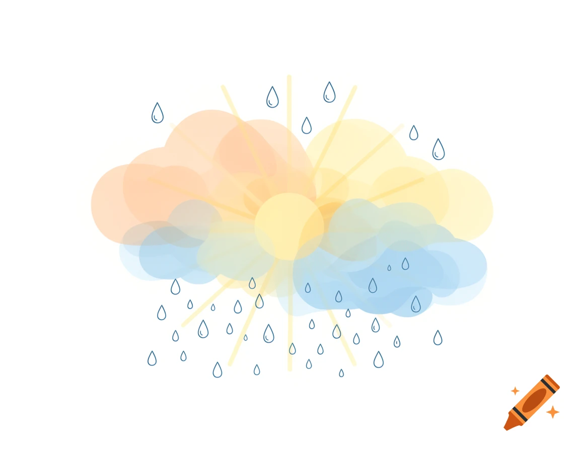 Flat vector illustration of a sunny and rainy weather scene with transparent clouds, a sun, and raindrops.