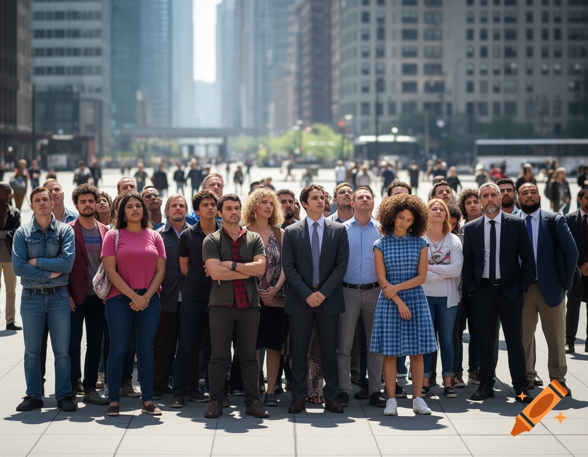 A diverse crowd of people standing on a city street, most looking up, one woman in a blue plaid dress looking down. Tall buildings in background.