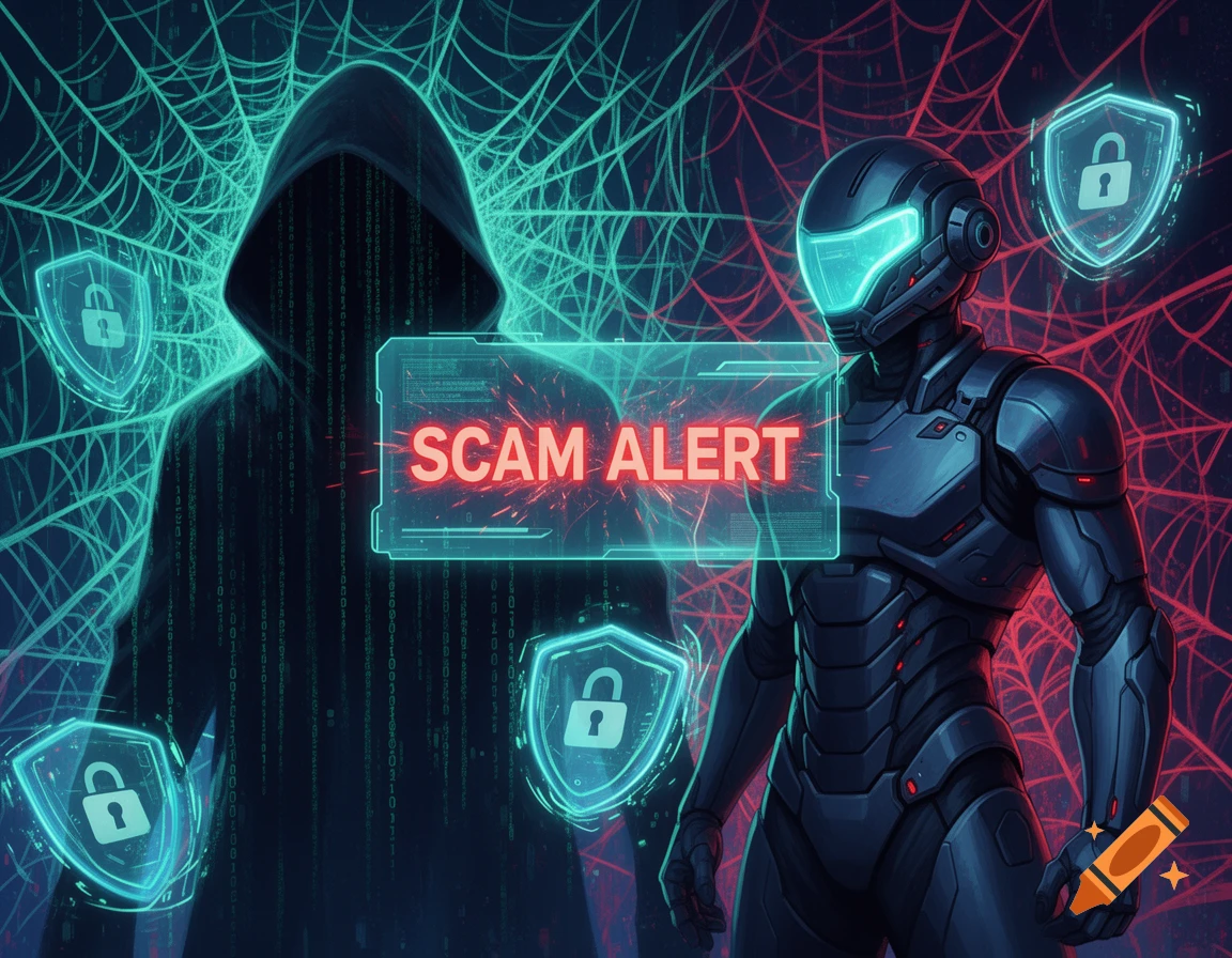 A shadowy hooded figure and a robotic figure with a glowing visor stand against a cyber-web background with 'SCAM ALERT' text and shield icons.