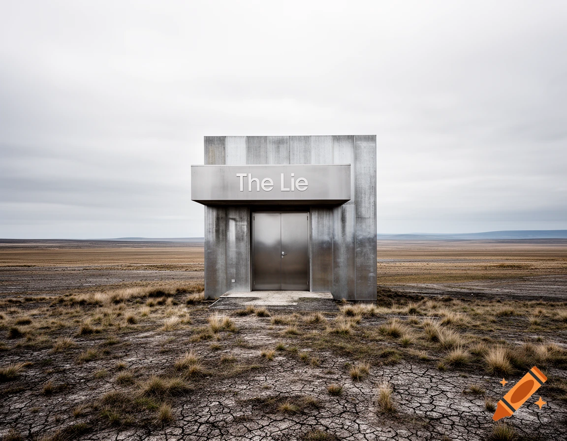 A minimalist concrete building with 'The Lie' sign stands in a vast, cracked desert under a grey sky.