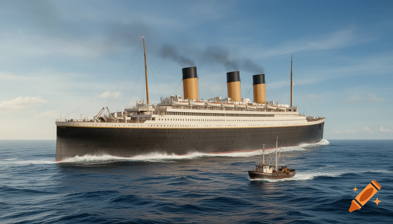 A photorealistic image of a large steamship with a black hull and white superstructure, with three funnels billowing smoke, sailing on a blue ocean next to a small fishing boat.