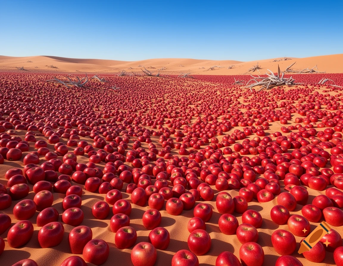 Vast photorealistic desert landscape under a clear blue sky, covered entirely in countless bright red apples with scattered dead trees.