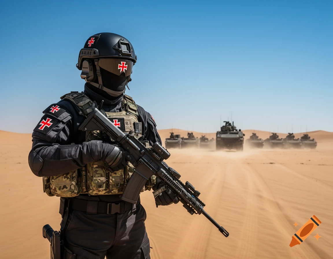 A soldier in modern black tactical gear with red cross symbols holds a rifle in a desert with military vehicles.