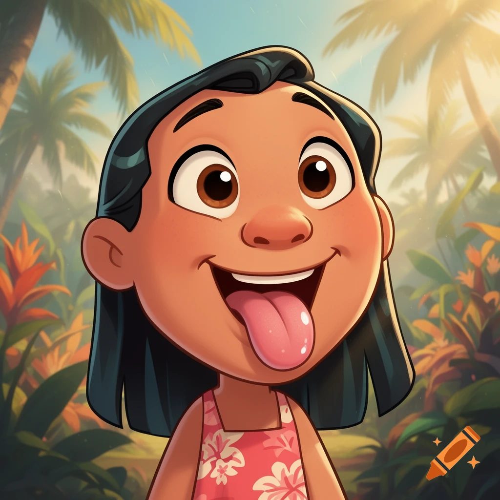 Vibrant cartoon portrait of Lilo from Lilo & Stitch, smiling with her tongue out in a tropical setting.