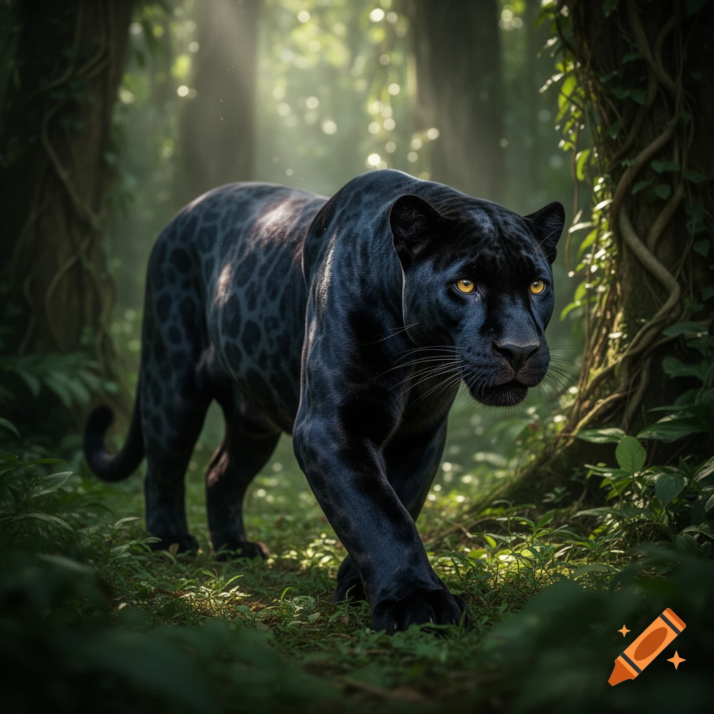 A majestic black panther with glowing yellow eyes walks through a sunlit jungle.