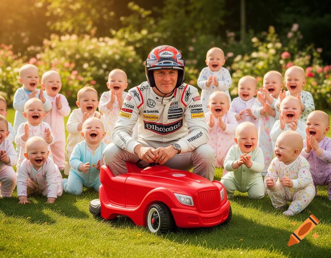 A man in a white racing suit and helmet sits on a red toy car, surrounded by many laughing babies clapping in a sunny garden.