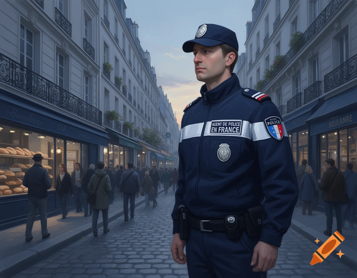 A French police officer in a dark blue uniform stands on a cobblestone street in a European city, with a bustling bakery and people in the background.