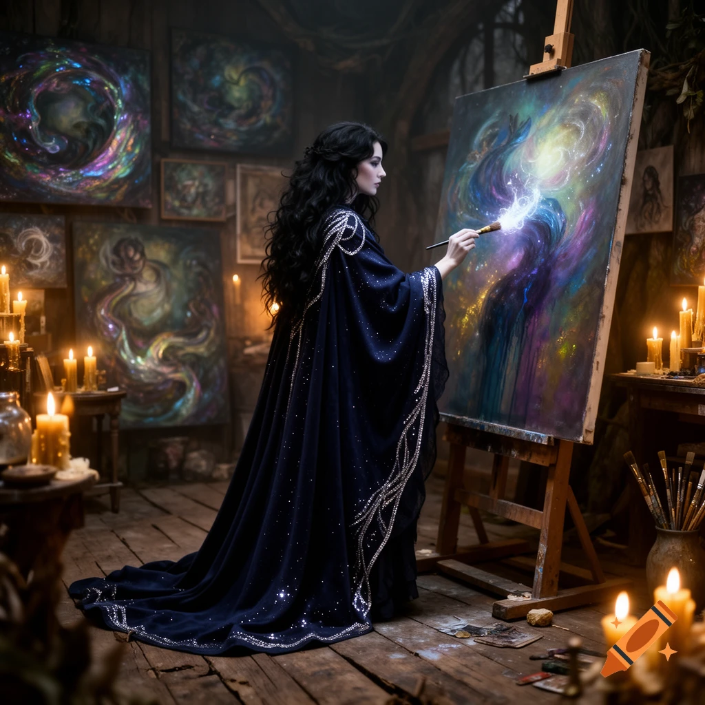 A dark-haired woman in a flowing, star-dusted blue robe paints a cosmic artwork in a candlelit, mystical art studio.