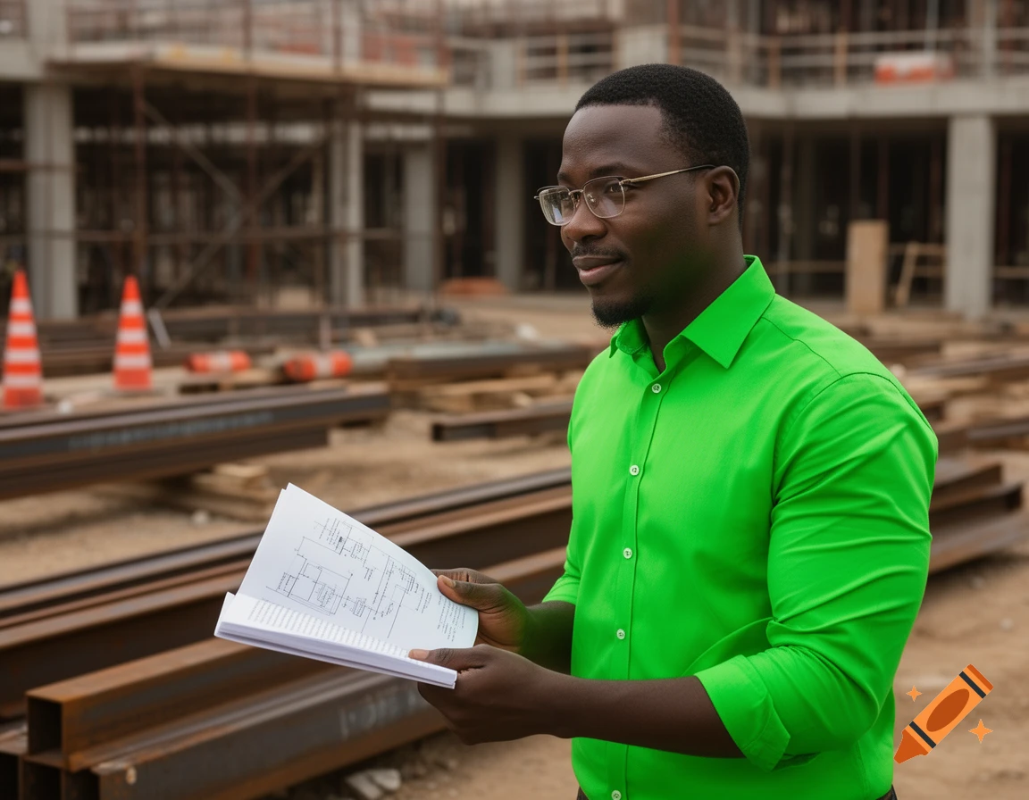 A Black man in a vibrant green shirt and glasses stands at a construction site, holding a document.