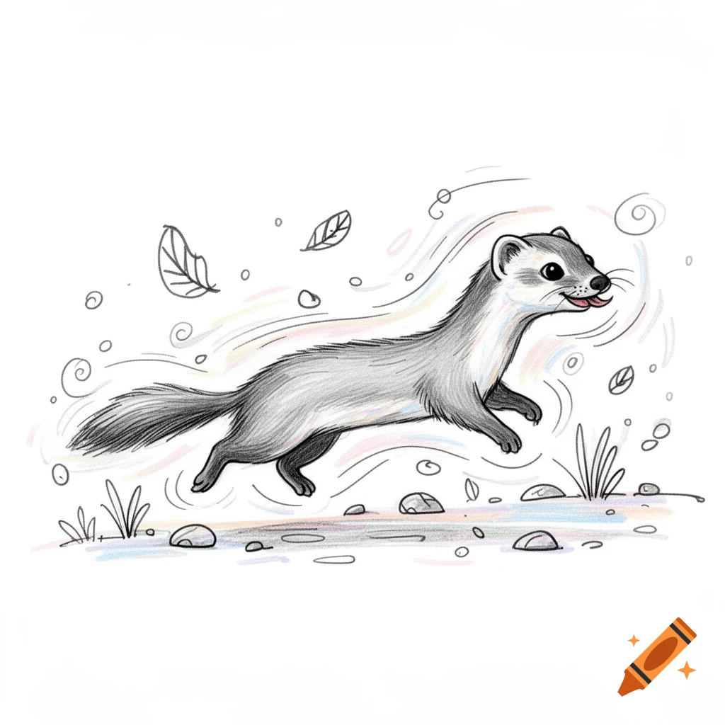 Doodle drawing of a happy grey and white stoat running through leaves ...