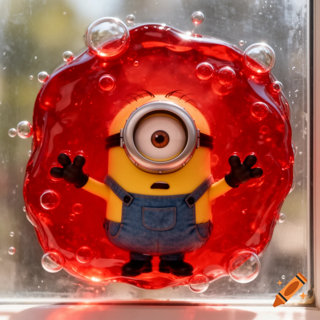 A Minion cartoon character is trapped inside a blob of vibrant red jelly with many small bubbles behind glass.