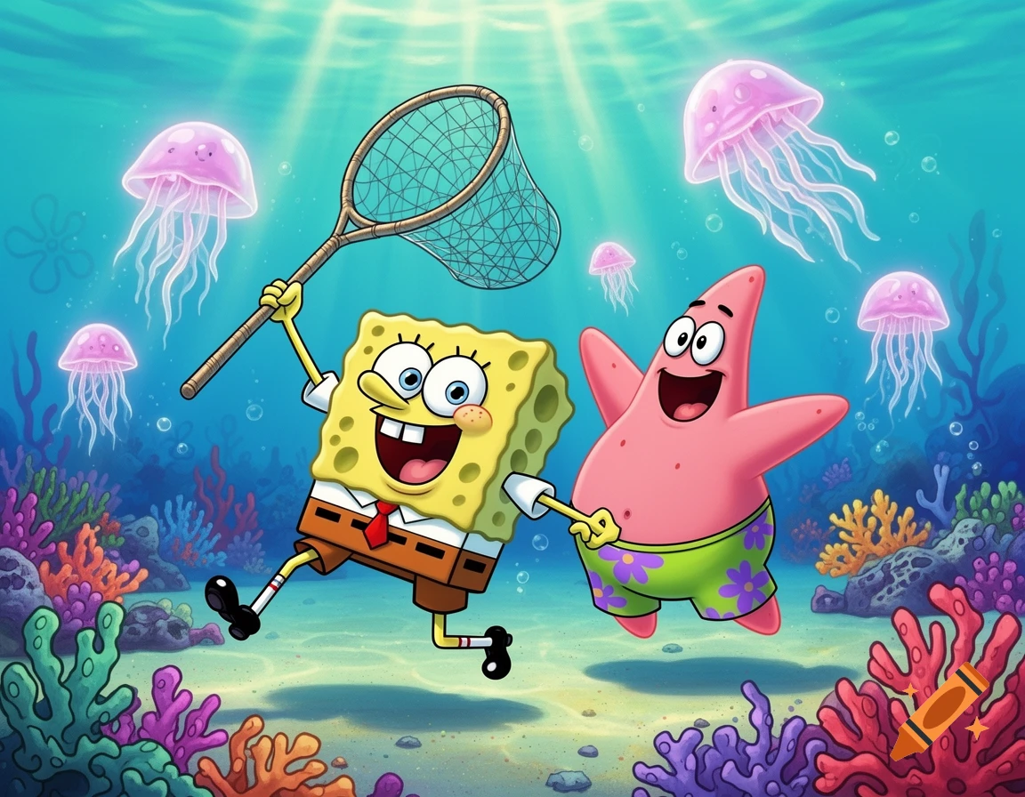 SpongeBob SquarePants and Patrick Star cheerfully jellyfishing underwater with pink jellyfish and colorful coral.