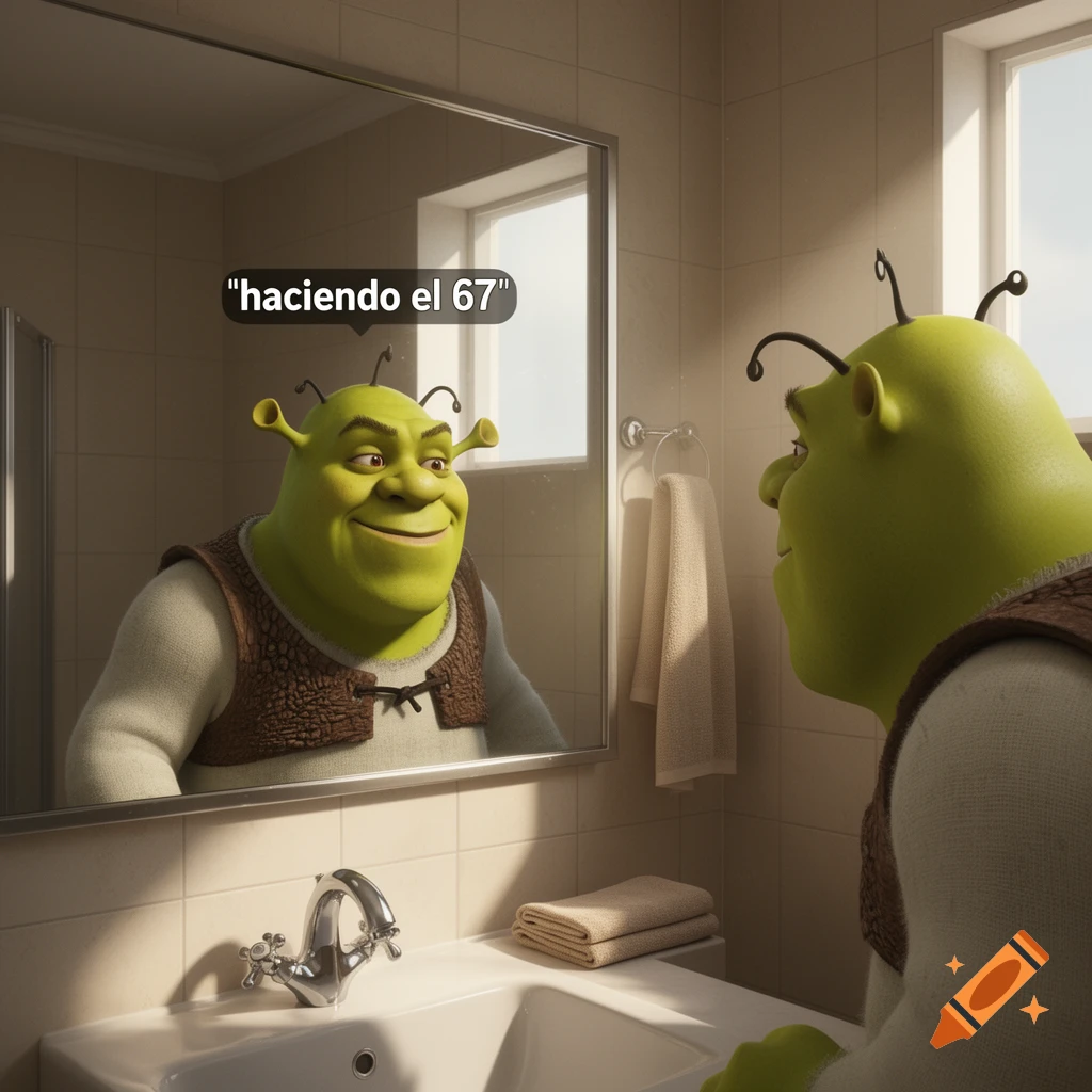Shrek looks at his reflection in a bathroom mirror with a text bubble saying 'haciendo el 67'.
