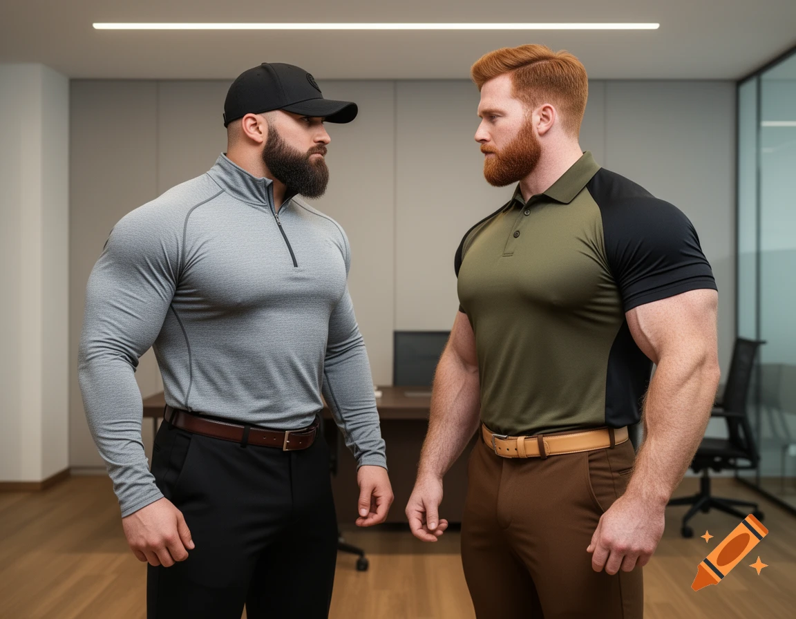 A photorealistic image of two muscular men, one in a grey quarter-zip and black cap, the other in an olive polo, facing each other in an office.