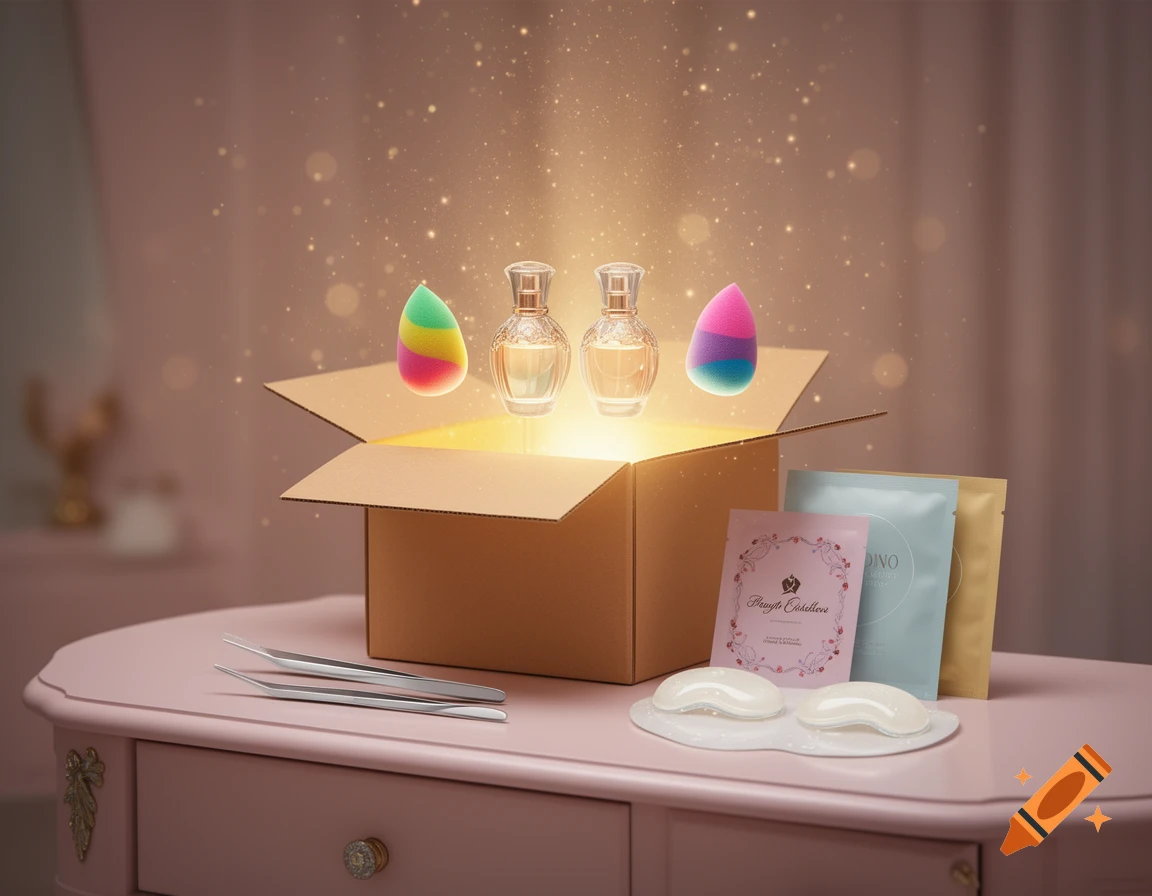 Magical light emanates from a mystery box on a pink vanity, revealing floating perfume bottles, colorful makeup sponges, tweezers, face masks, and eye pads.