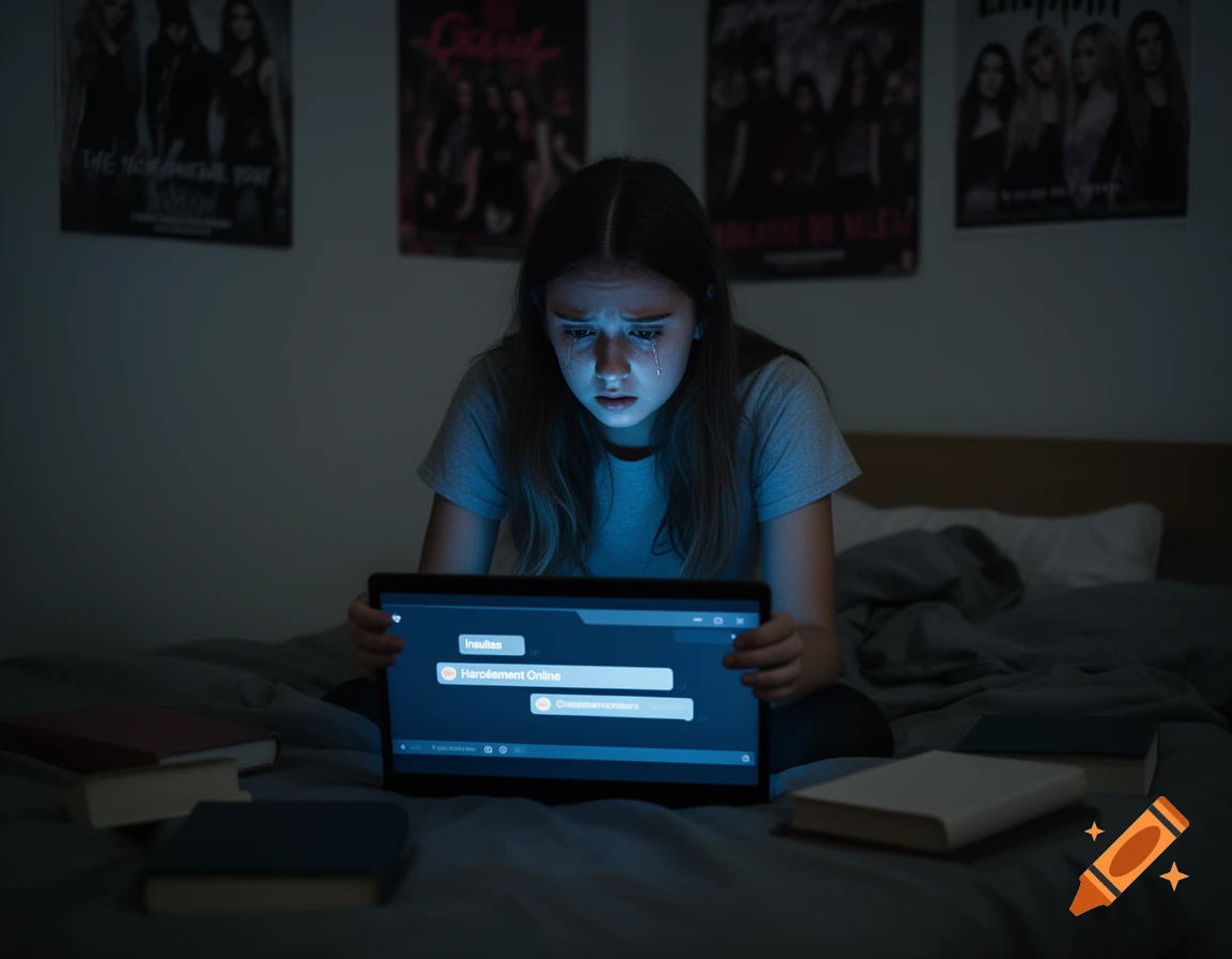 A young girl crying while looking at a tablet displaying "Insultes" and "Harcèlement Online" in a dark room. Photorealistic.