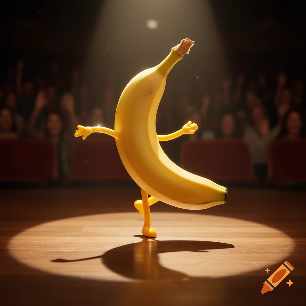 An anthropomorphic banana with stick arms and legs dances on a spotlighted wooden stage, with a blurry audience in the dark background.