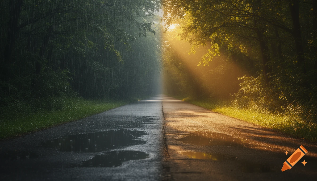 A road splits between dark, rainy forest on the left and a bright, sunlit forest on the right, with puddles reflecting both.