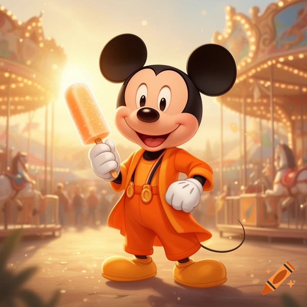 Mickey Mouse in orange clothes holds an orange creamsicle at a sunny fairground.