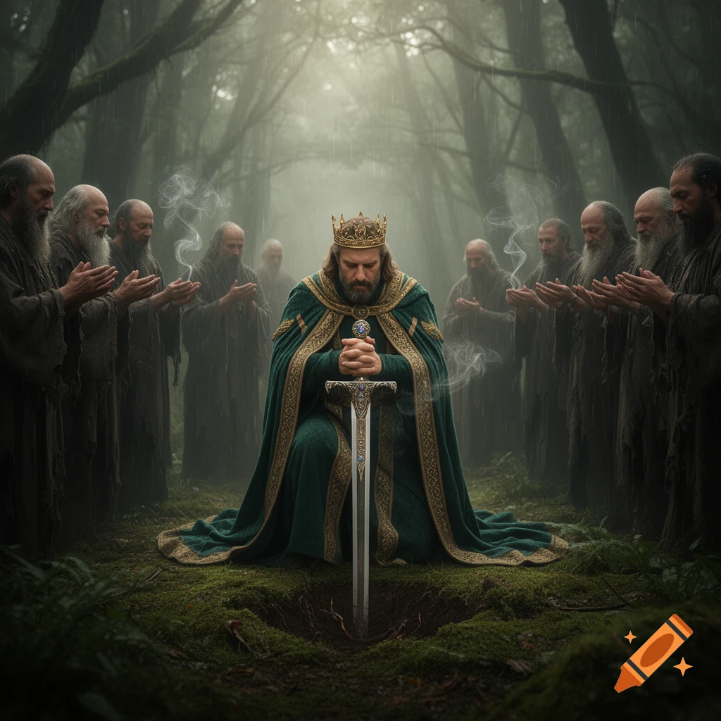 A king in a green and gold cloak kneels in a mossy, damp forest, planting his sword in the ground, observed by robed, bearded figures.