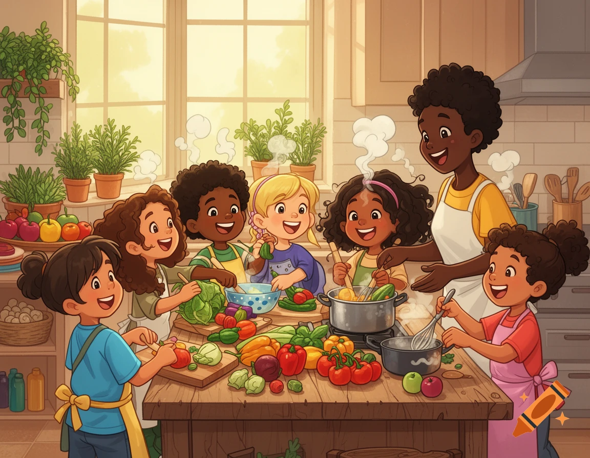 Multiple multicultural kids cooking in a vibrant kitchen with a black adult supervising, in a colorful clip art style.