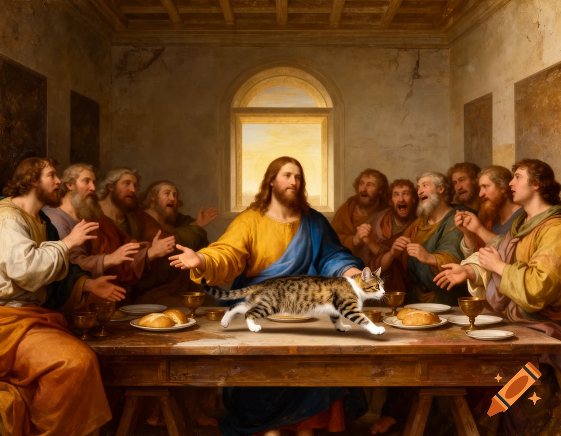 A classical painting showing Jesus and his disciples at the Last Supper table, looking surprised as a tabby cat runs across it.