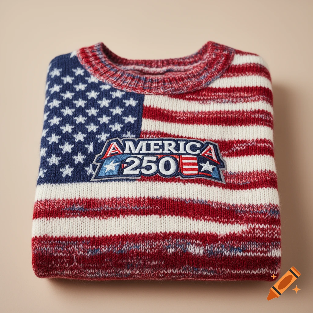 A folded knit sweater with an American flag design and an embroidered patch reading 'AMERICA 250' centered on the flag.
