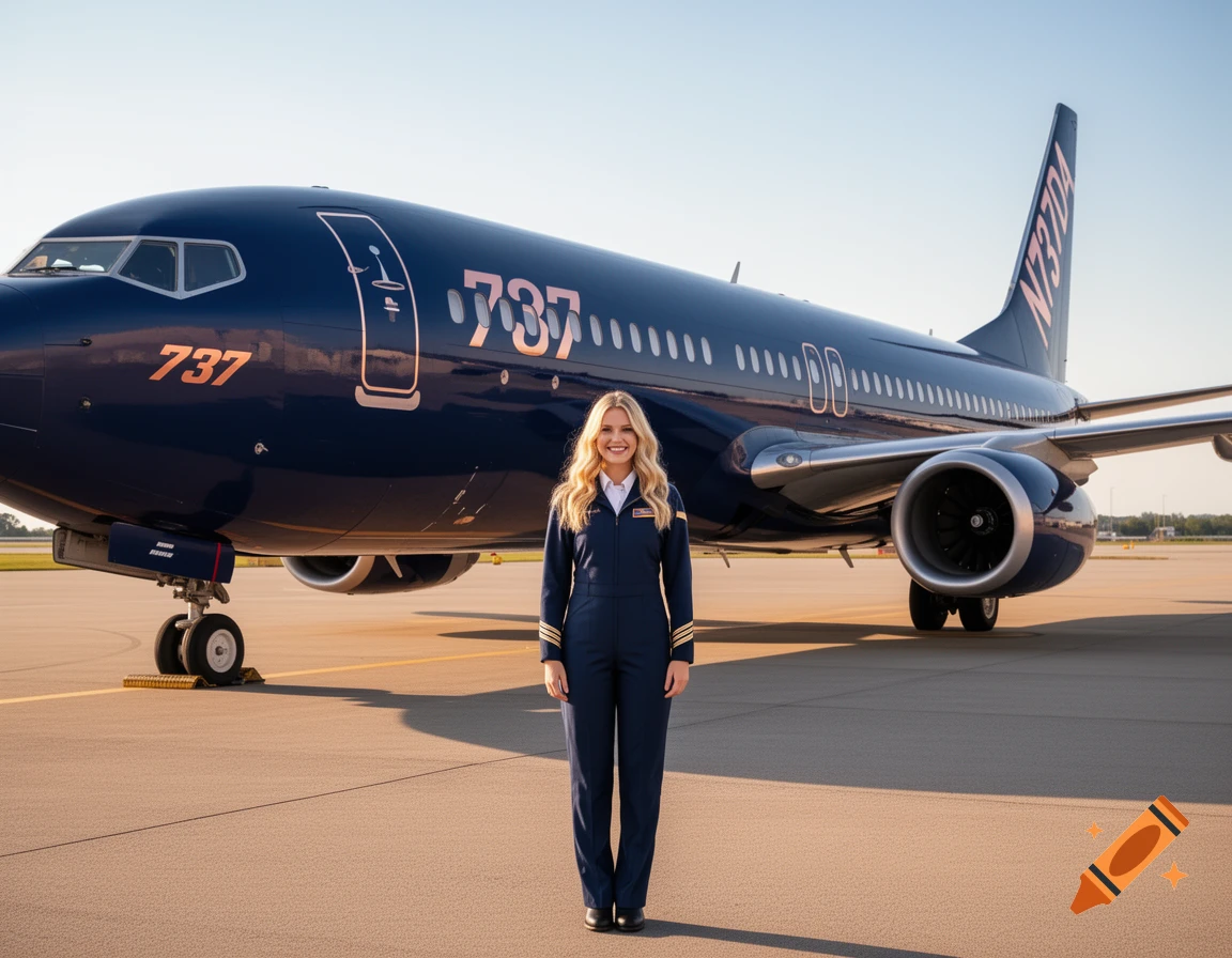 A blonde woman in a navy flight suit stands smiling in front of a dark blue Boeing 737 plane on an airfield.