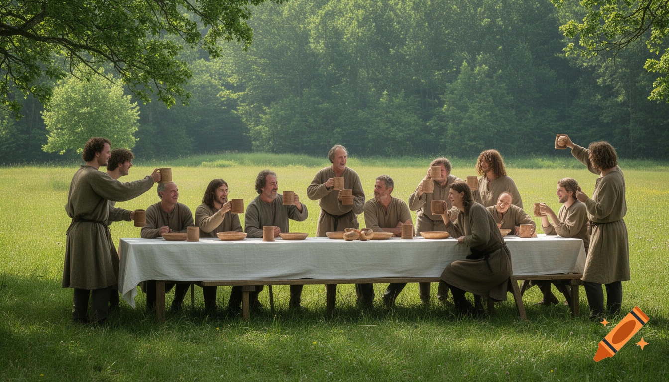 A group of people in medieval attire gather around a long table in a sunny grassy field, raising wooden mugs in a toast.