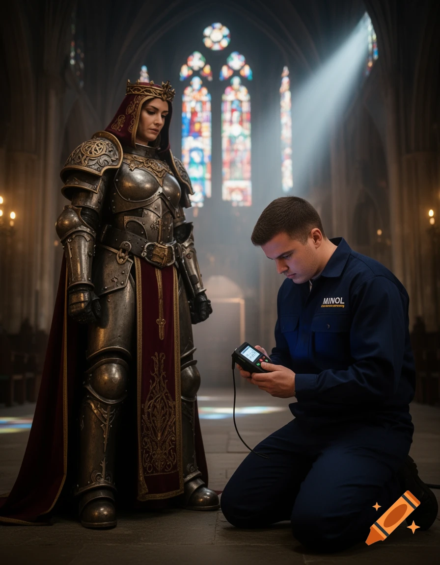 A woman in intricate medieval armor and a crown stands in a grand cathedral while a man in a modern work uniform kneels, examining a device.