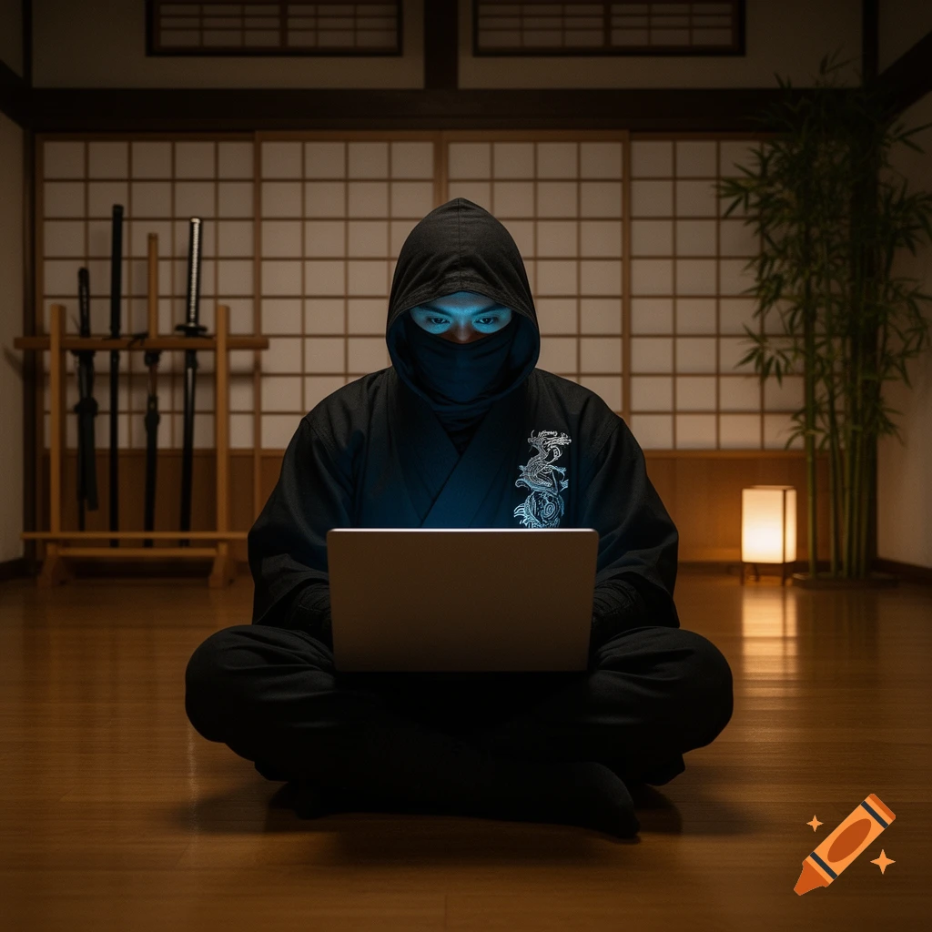A photorealistic image of a ninja sitting cross-legged in a dark Japanese room, focused on a glowing laptop.
